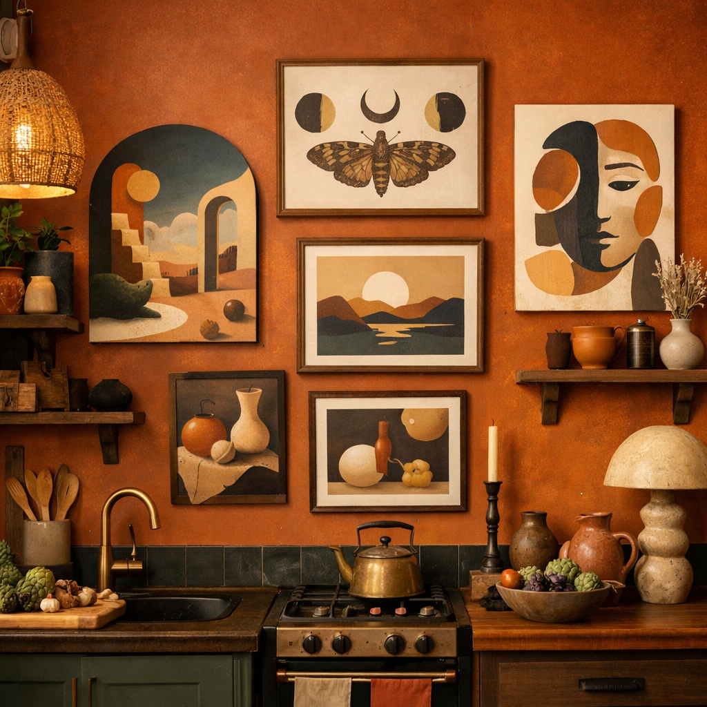 A cozy kitchen with burnt orange walls and attractive wall art, featuring various framed prints and decorative items.