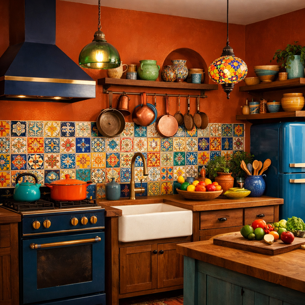 A vibrant kitchen with burnt orange walls and a colorful tile backsplash featuring blue and yellow designs.
