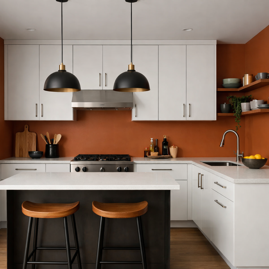 A modern kitchen featuring burnt orange walls and contrasting white cabinets
