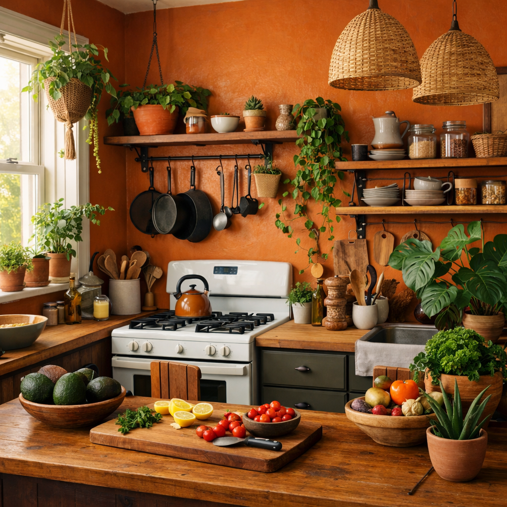 A cozy kitchen with burnt orange walls, featuring various potted plants and fresh ingredients on the counter.