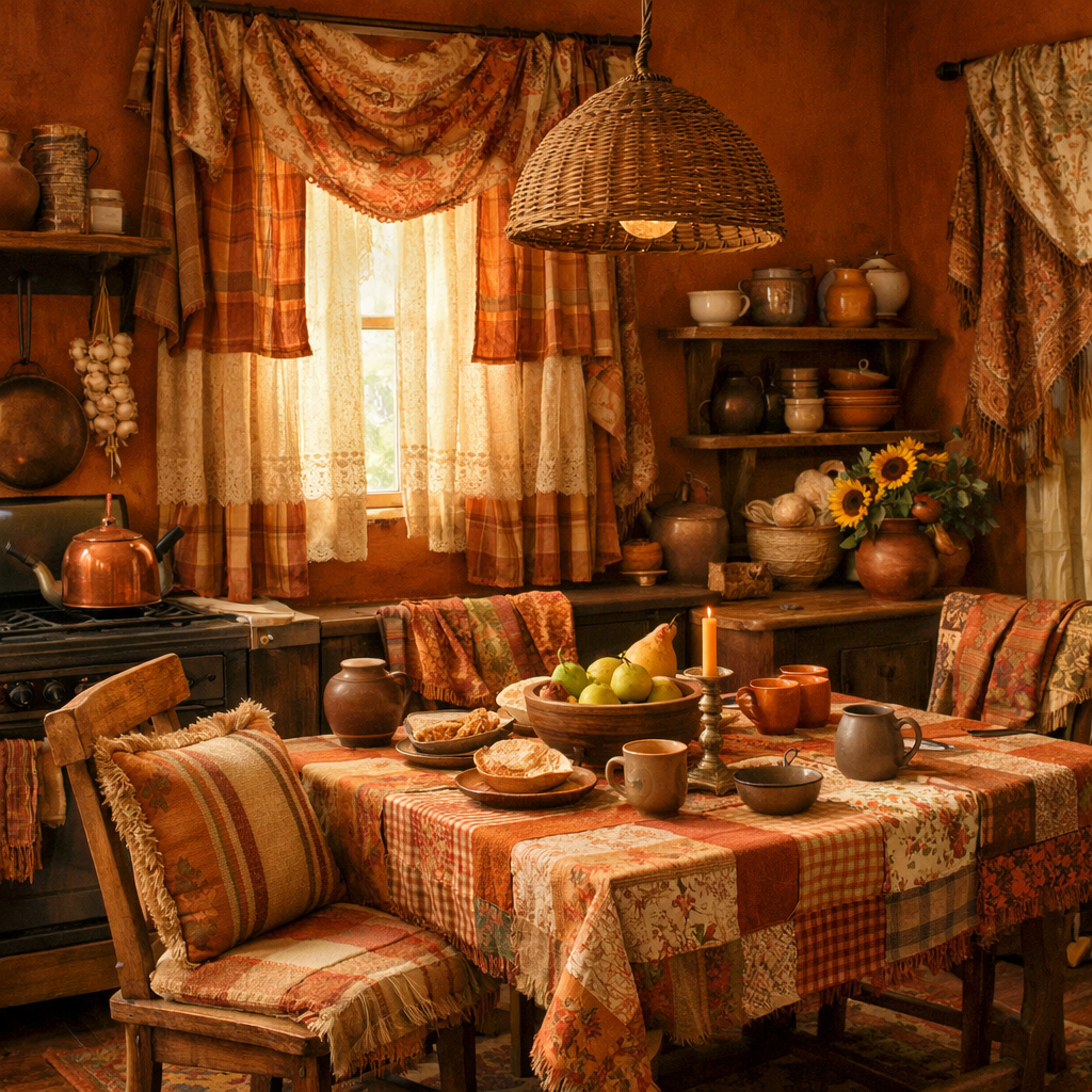 A cozy kitchen with burnt orange walls, layered fabrics, and a warm, inviting atmosphere.