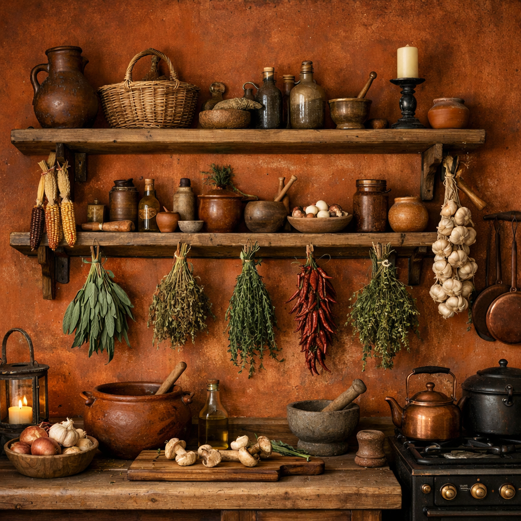 A rustic kitchen with burnt orange walls featuring natural wood shelves filled with herbs, garlic, and kitchen items.