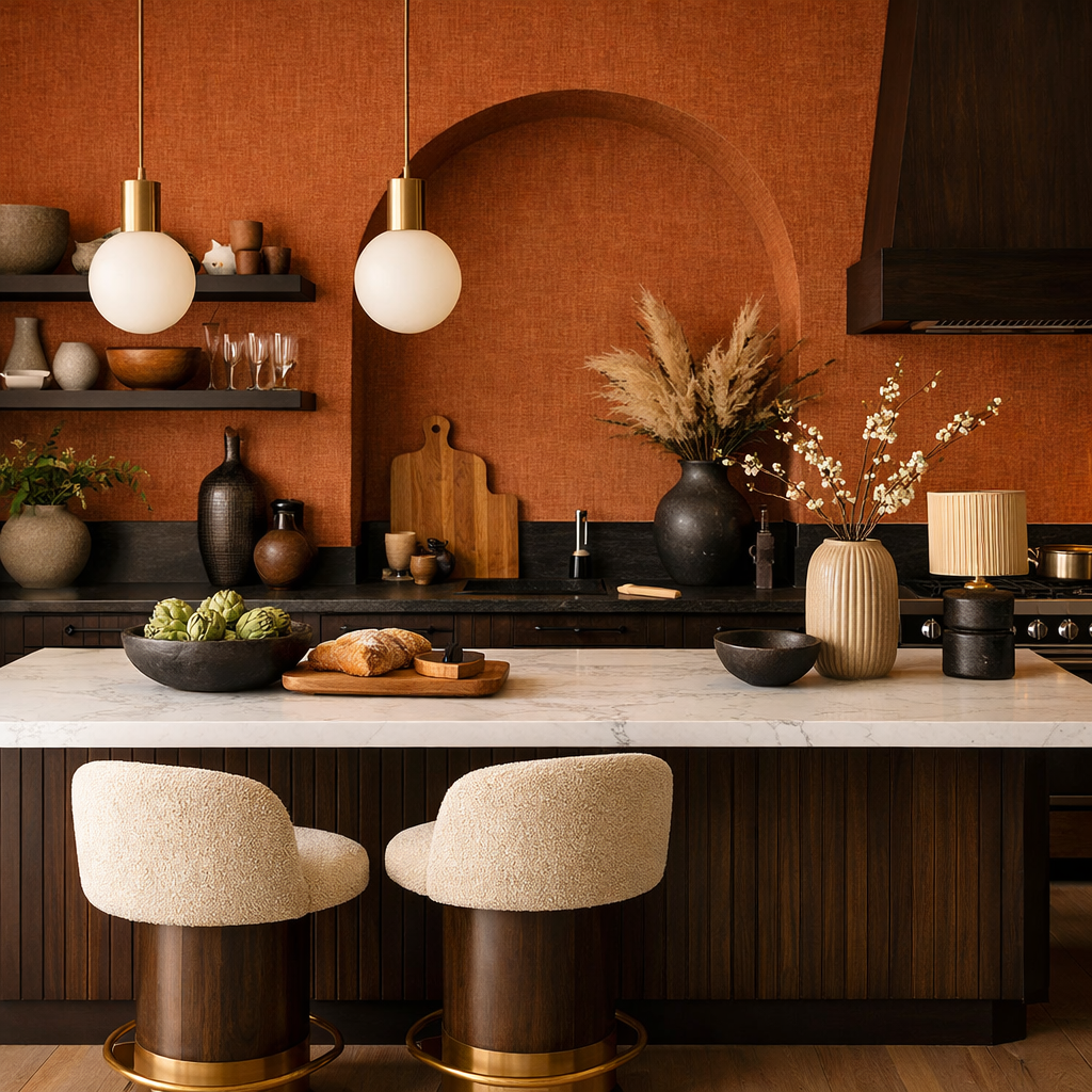 A modern kitchen with burnt orange textured wallpaper, featuring dark wood accents and stylish décor.