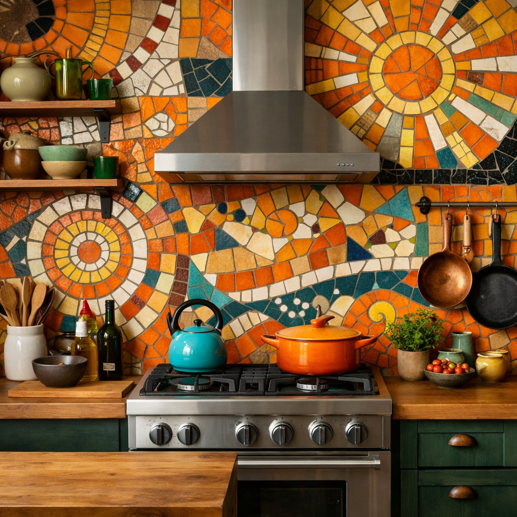 Colorful mosaic backsplash in an orange kitchen with wood elements and cooking items.