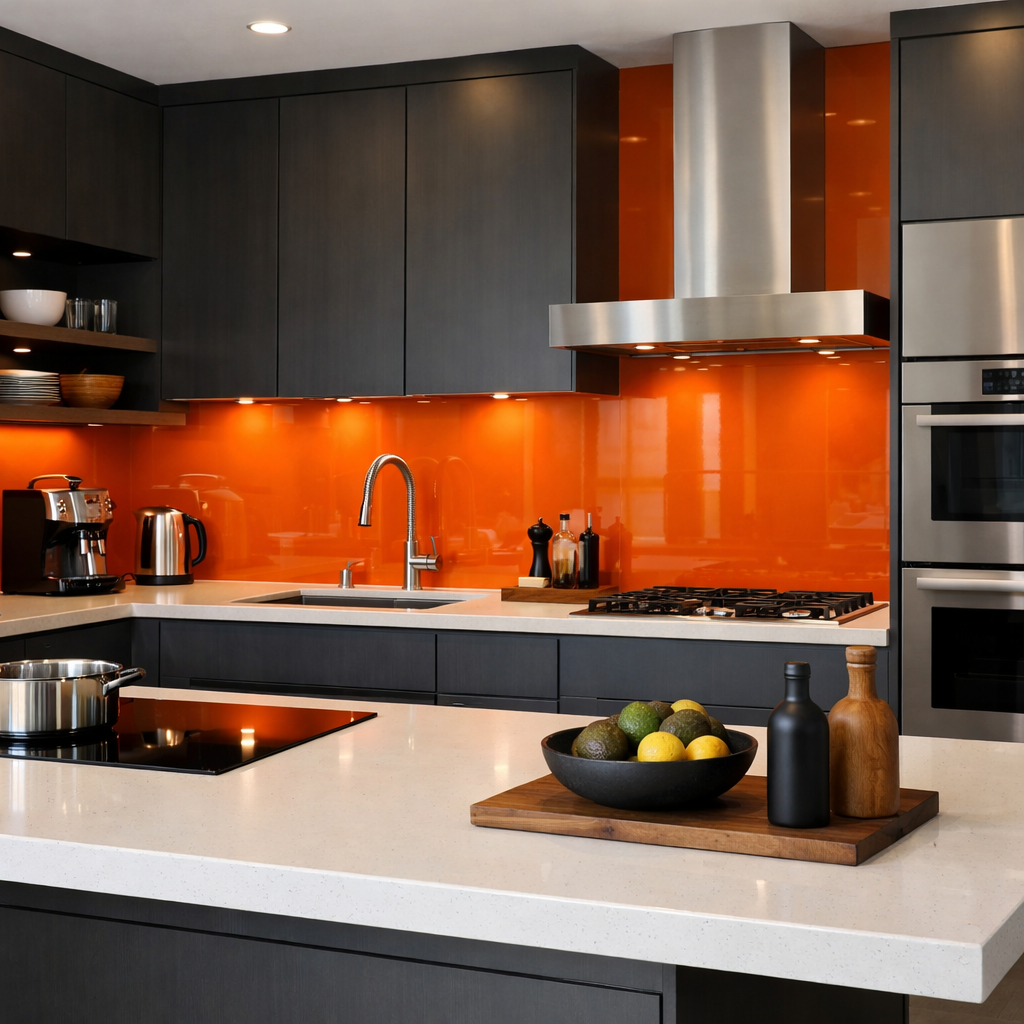 Modern kitchen with bold orange glass backsplash, dark cabinetry and white countertops.