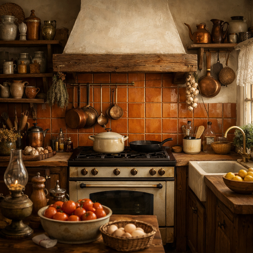 Cozy kitchen featuring classic terracotta tiles as a backsplash, wooden shelves, and rustic utensils.