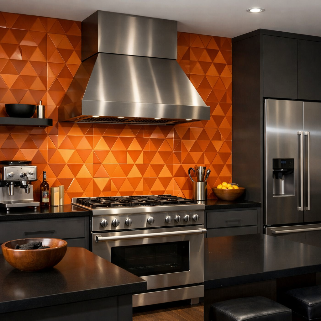 A kitchen featuring a bright orange geometric backsplash with diamond-shaped tiles.