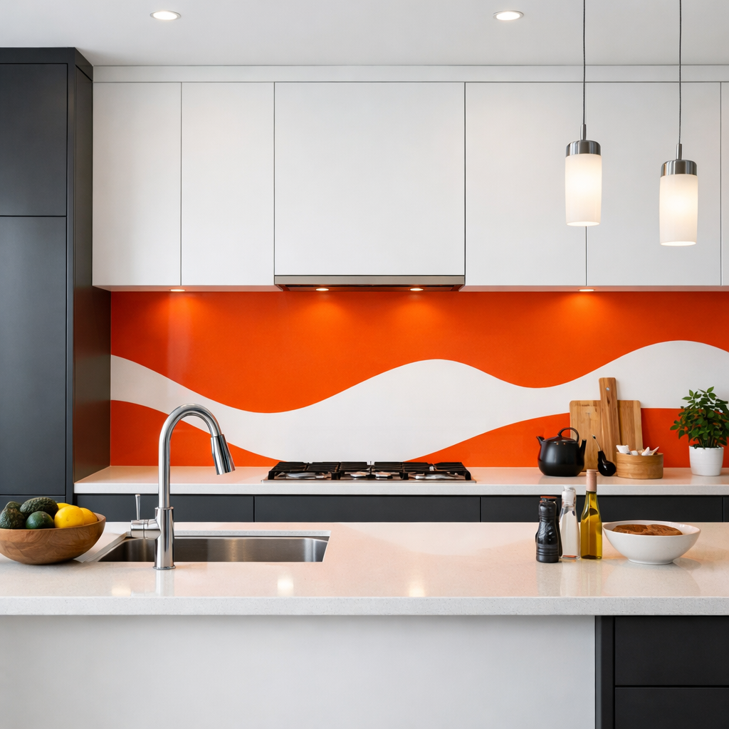 A modern kitchen featuring a bold orange backsplash with white wave design, complemented by dark cabinetry and sleek countertops.