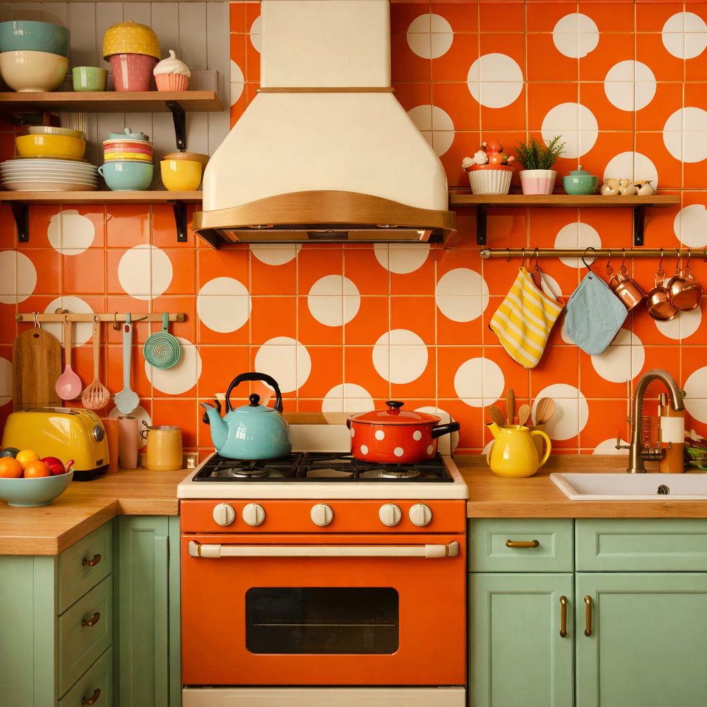 A colorful kitchen with an orange polka dot backsplash and vibrant kitchenware.