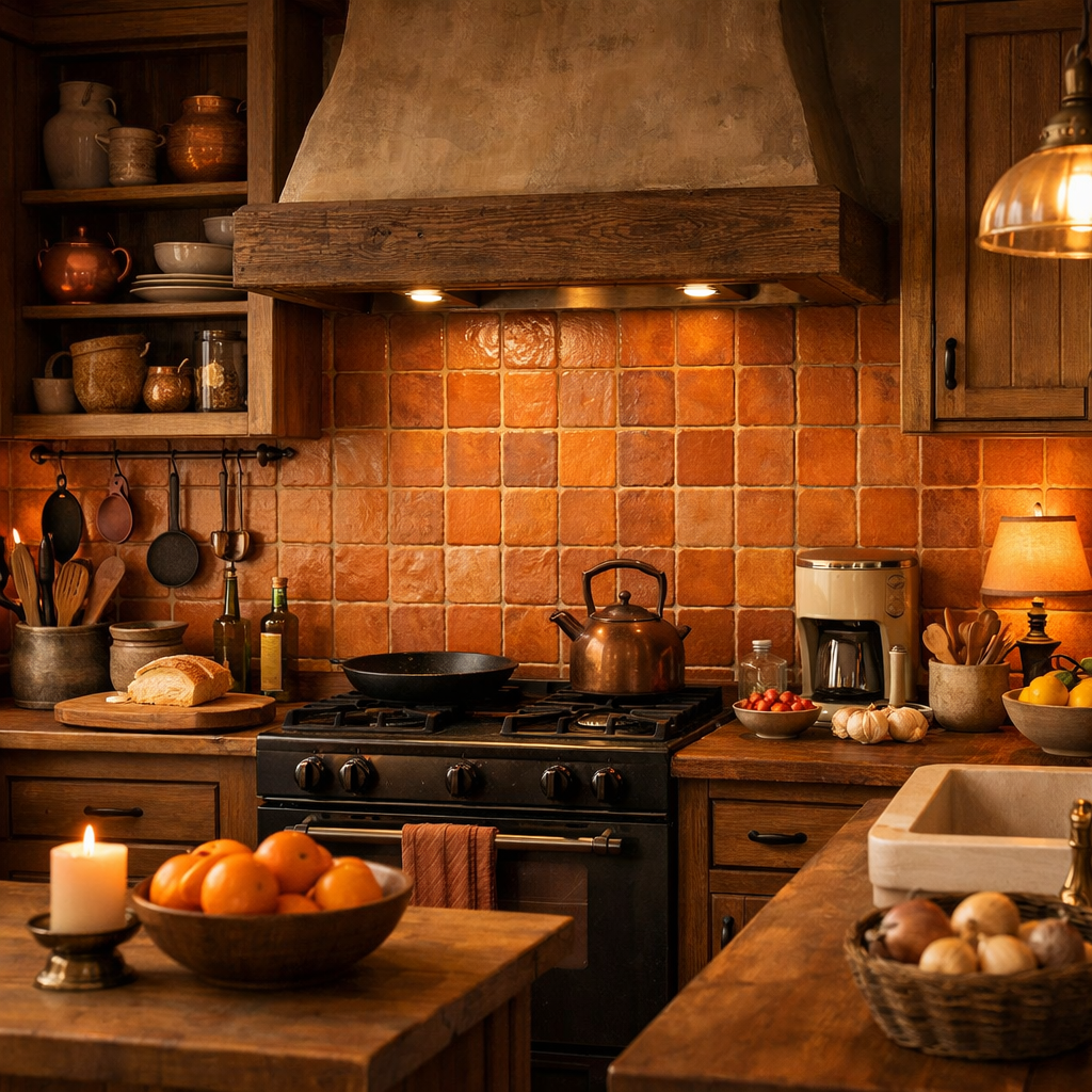 A cozy rustic kitchen featuring orange tile backsplash, wooden cabinets, and warm lighting.