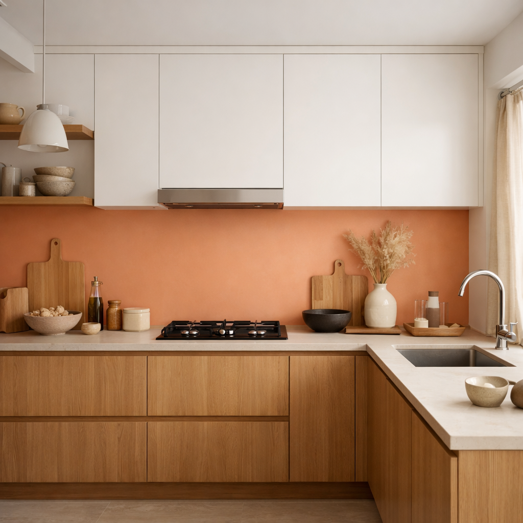 A modern kitchen featuring a subtle peach backsplash with wooden accents and white cabinets.