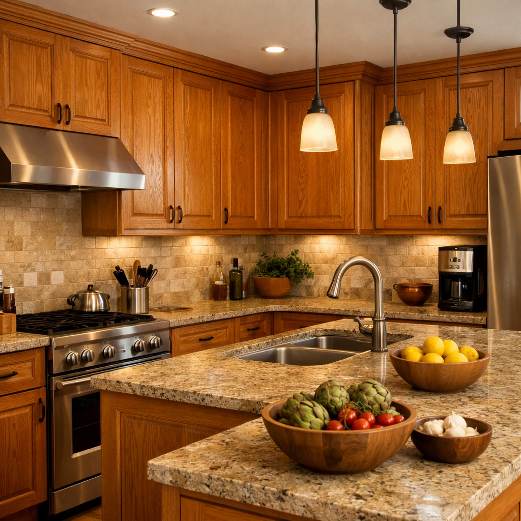 A cozy orange oak kitchen with pendant and recessed lighting, showcasing warm wood tones.