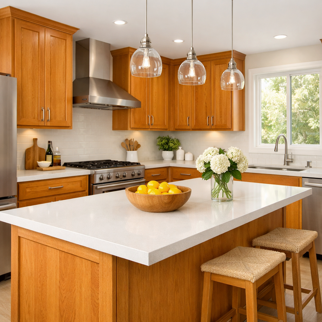 A modern kitchen featuring orange oak cabinets and white countertops, with glass pendant lights and a bowl of lemons as a centerpiece.