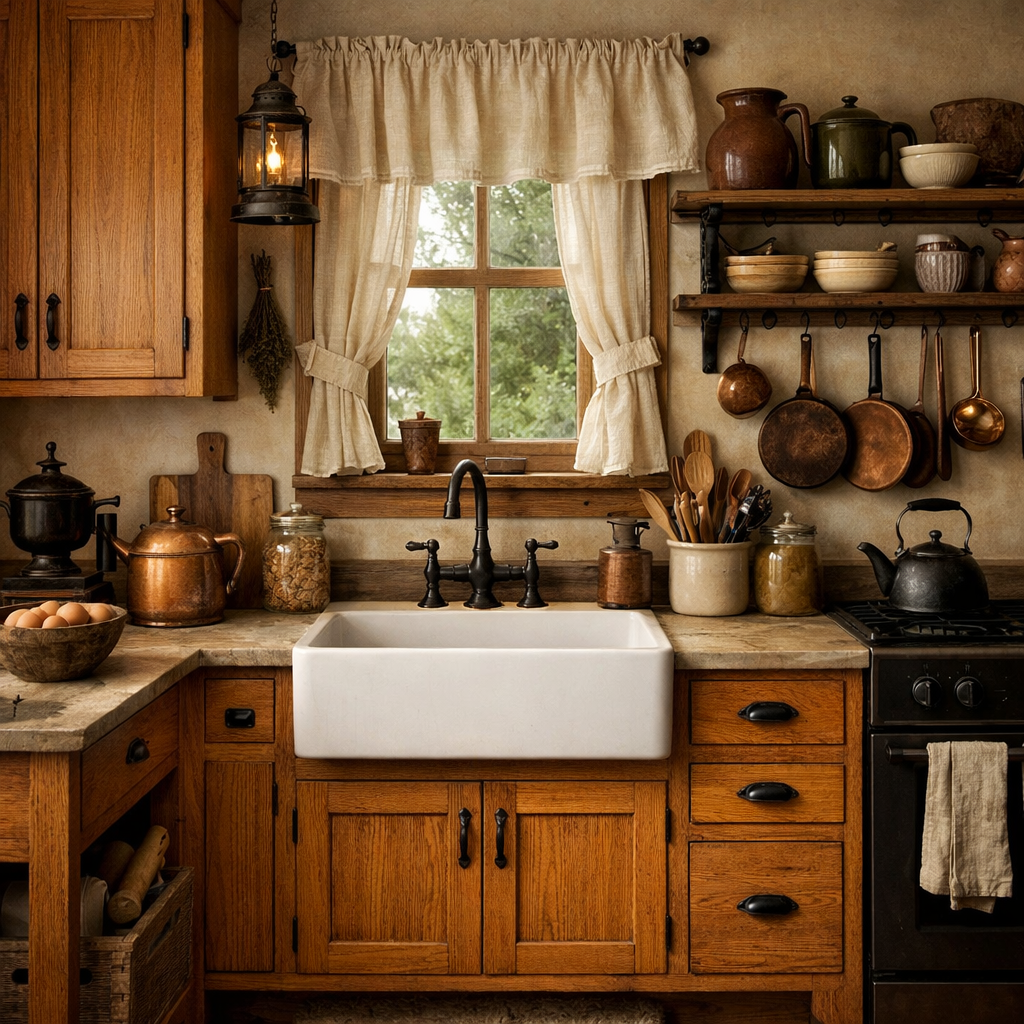 A rustic kitchen featuring orange oak cabinets, a farmhouse sink, and vintage kitchenware.