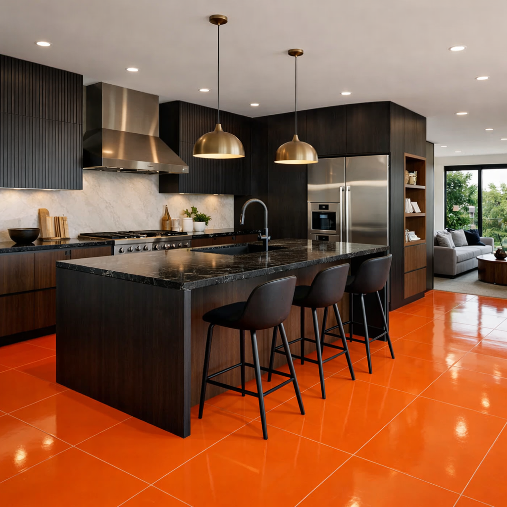 A modern kitchen featuring bold orange floor tiles with dark cabinets and countertops.