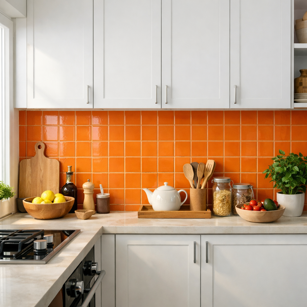 Orange tile kitchen backsplash with white cabinets and wooden accents