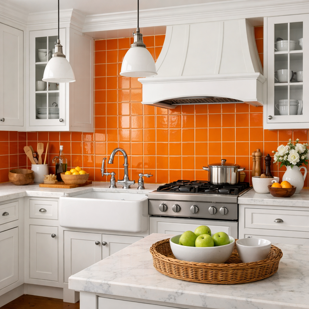 A kitchen featuring a bright orange tile backsplash with white cabinetry and natural wood accents.