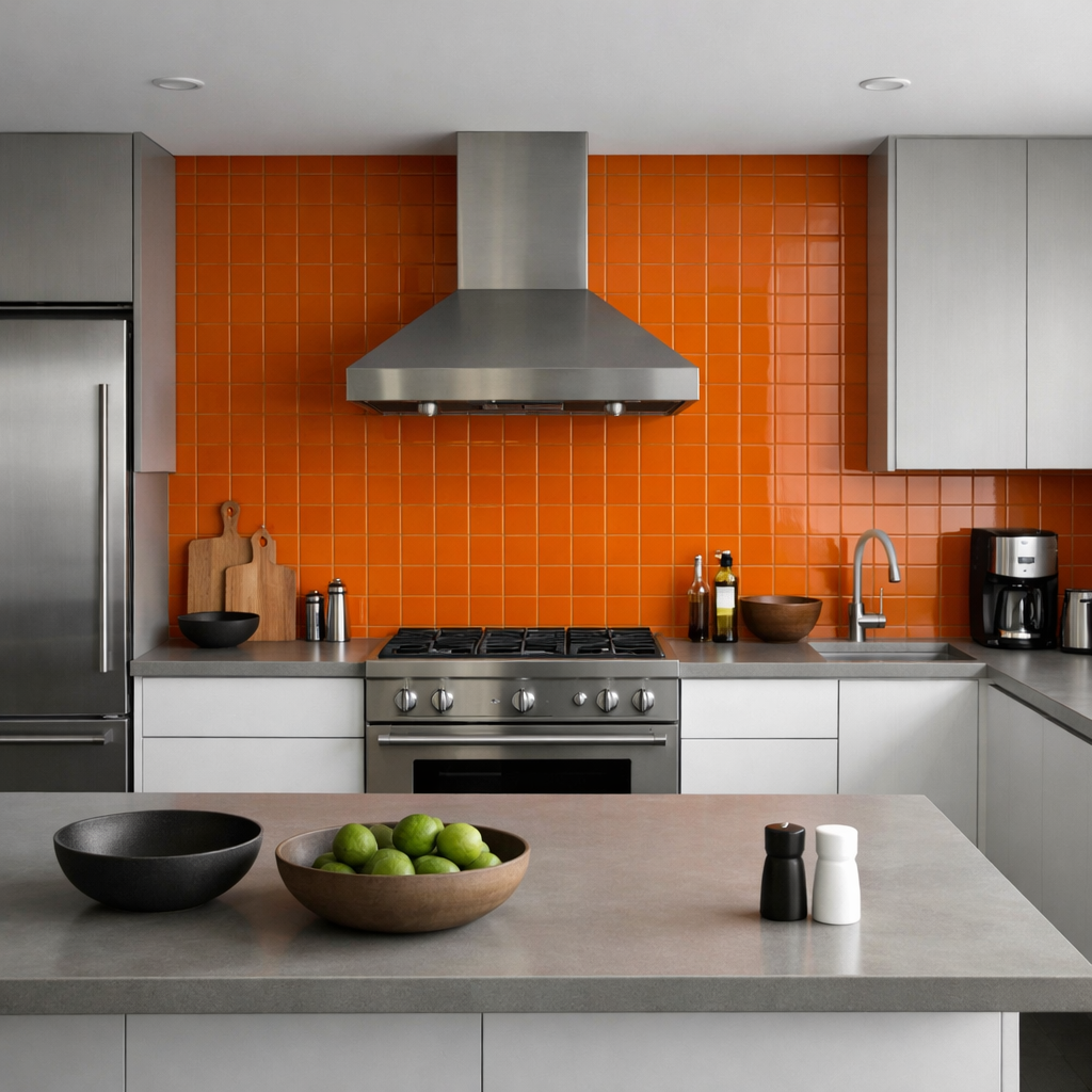 A modern kitchen featuring an orange accent wall with tile backsplash, gray countertops, and stainless steel appliances.