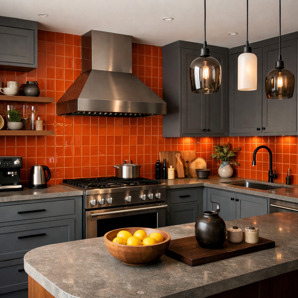 Modern kitchen with orange tile backsplash and gray cabinetry