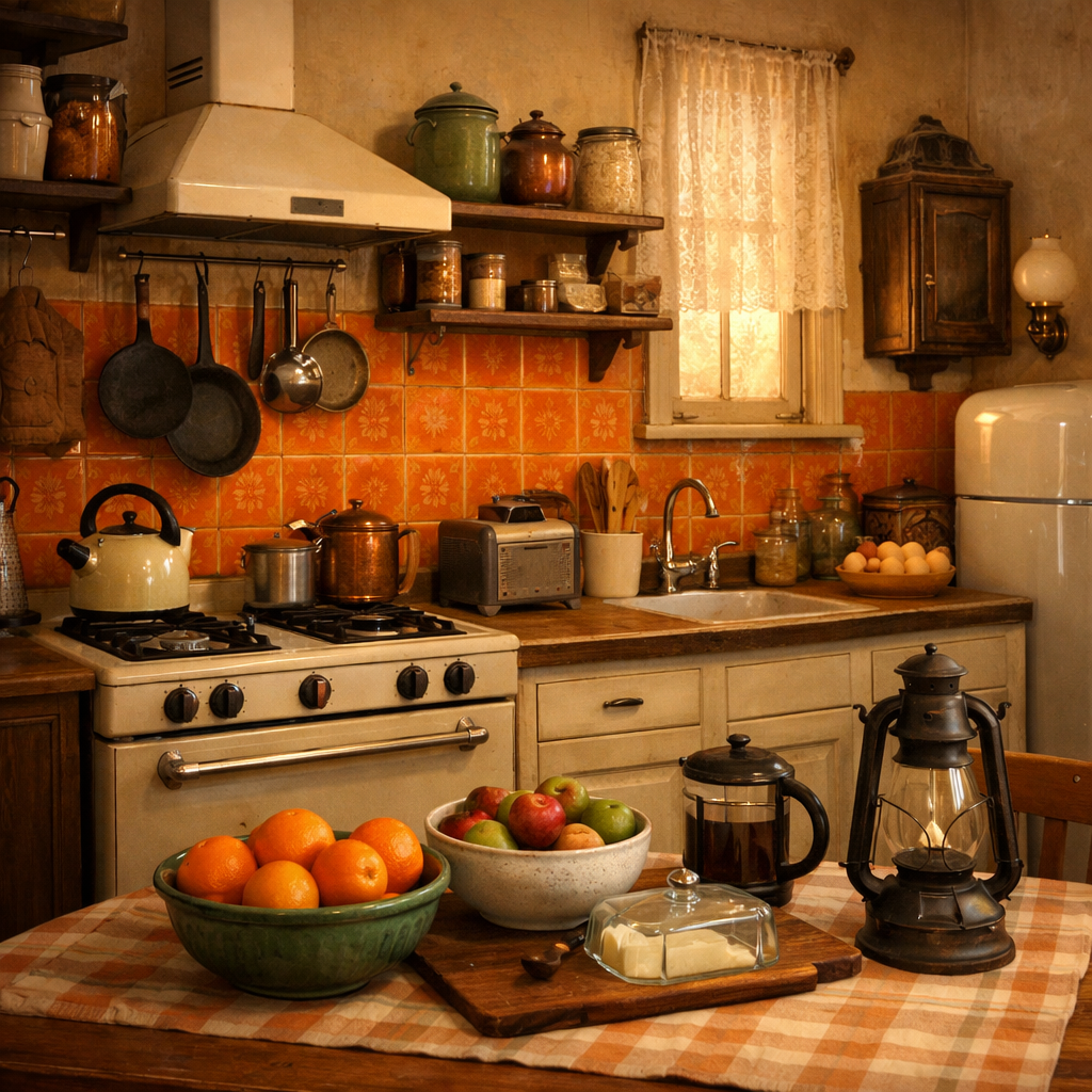 A vintage kitchen featuring orange tiled backsplash, wooden shelves, and rustic decor.