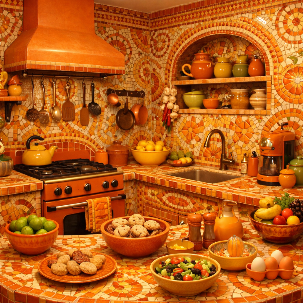 Vibrant orange mosaic kitchen with playful patterns