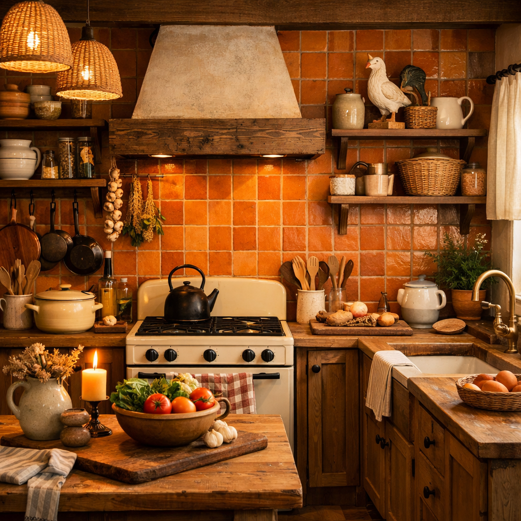 Cozy rustic kitchen with orange tiles, wooden accents, and fresh vegetables on a table.