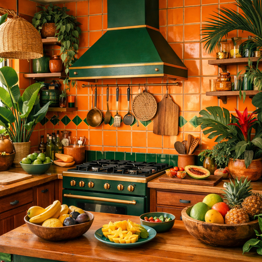 A vibrant tropical kitchen featuring orange tiles and green accents with fruits on the counter.