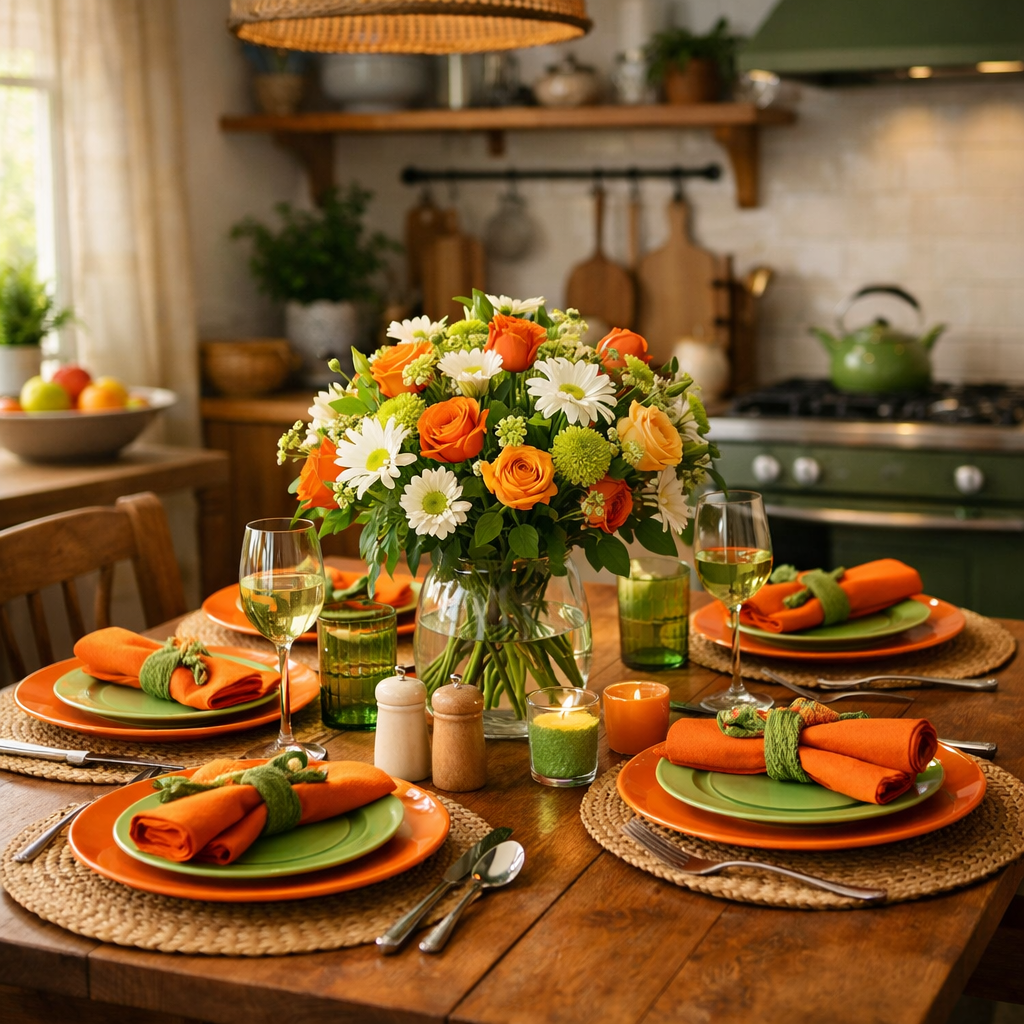 A cheerful dining setup with orange and green plates, a floral centerpiece, and natural light.