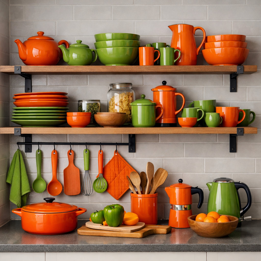 A colorful kitchen display featuring orange and green kitchenware on wooden shelves.