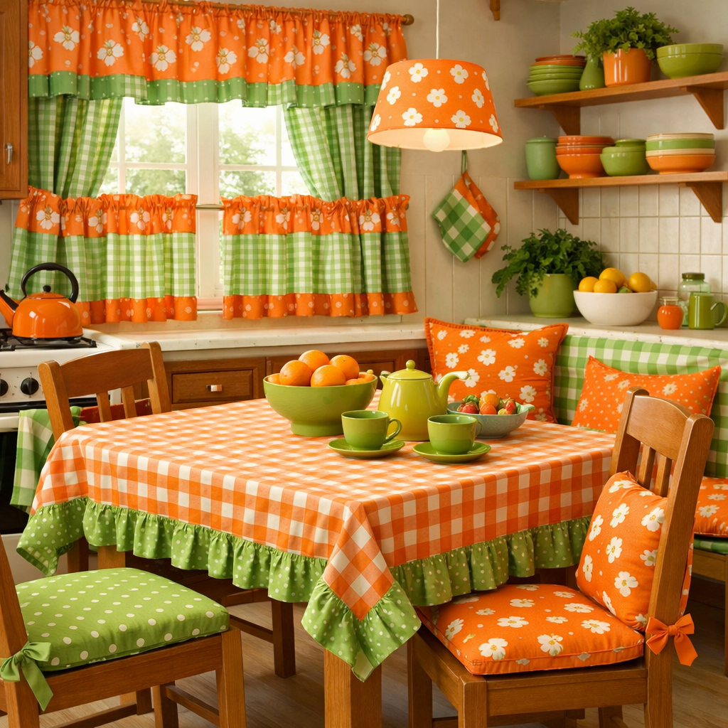 A colorful kitchen featuring playful orange and green textiles.
