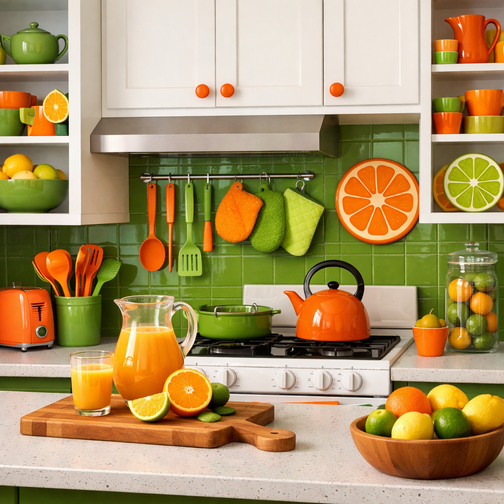 A kitchen featuring orange and green colors with vibrant citrus accents, showing kitchenware, a fruit pitcher, and fresh fruits.