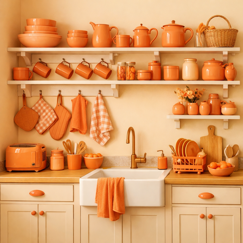A kitchen with apricot-colored accessories including dishes, towels, and decorations.