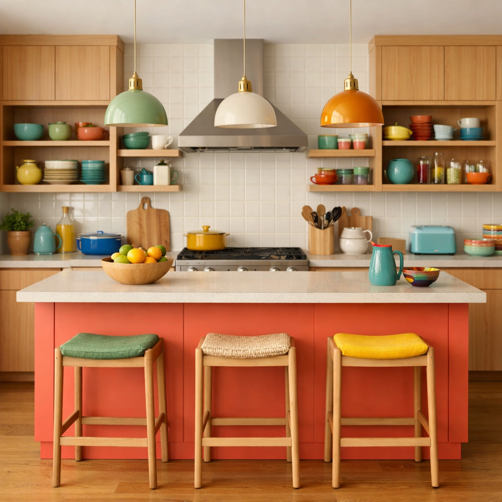 A coral kitchen island with colorful stools and fresh fruits in a cheerful kitchen setting.