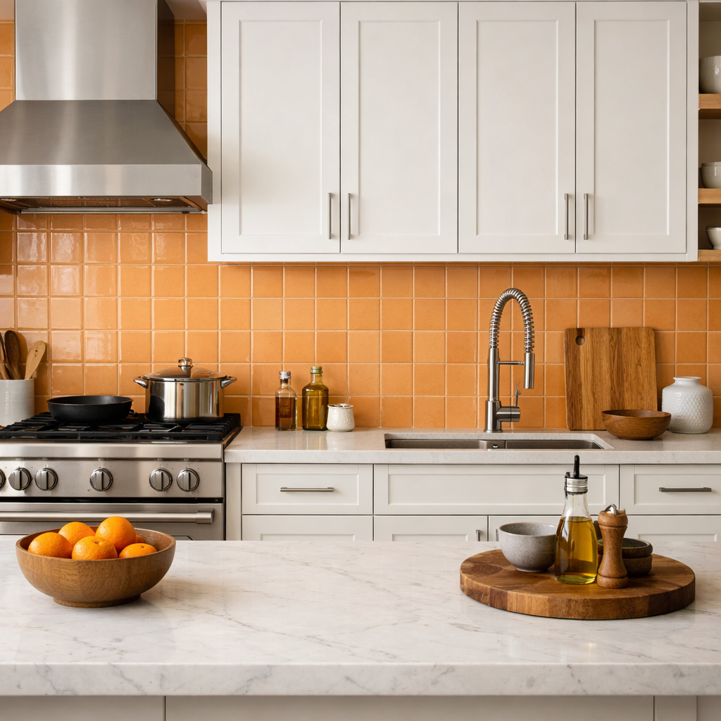 Light orange tiled kitchen backsplash with white cabinets and a modern design.