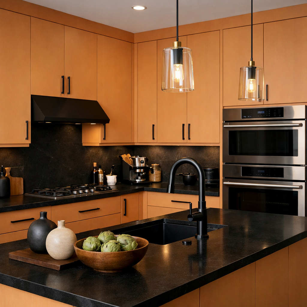 A kitchen featuring light orange cabinets with black countertops and stylish pendant lighting.