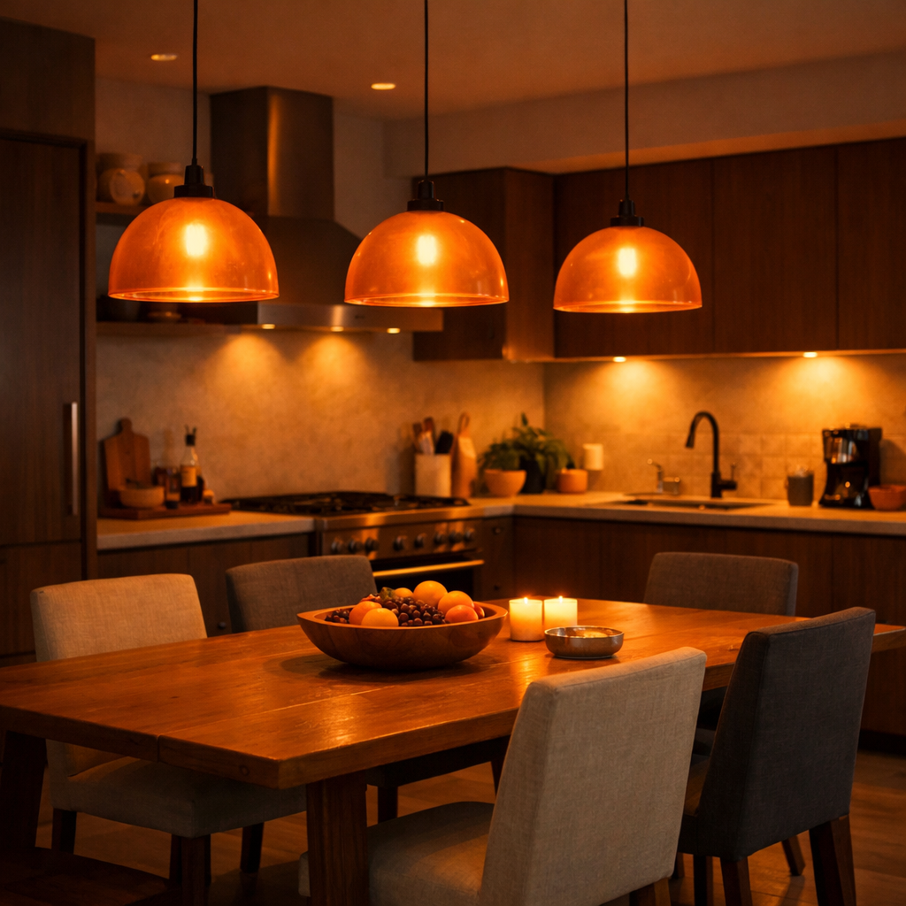 Three soft orange pendant lights hanging above a wooden dining table in a warm kitchen setting.