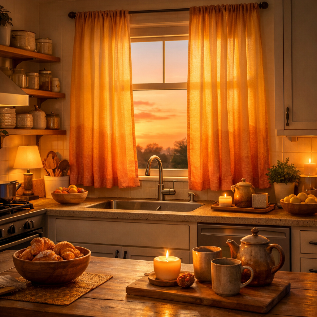 A cozy kitchen featuring sunset-inspired curtains in light orange, with a wooden table, candles, and fresh fruits