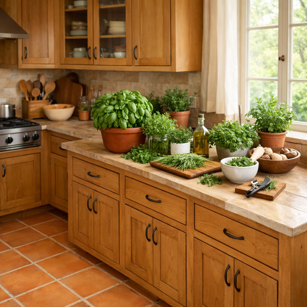 Warm terracotta tiles in a cozy kitchen setting with herbs and wooden cabinets.