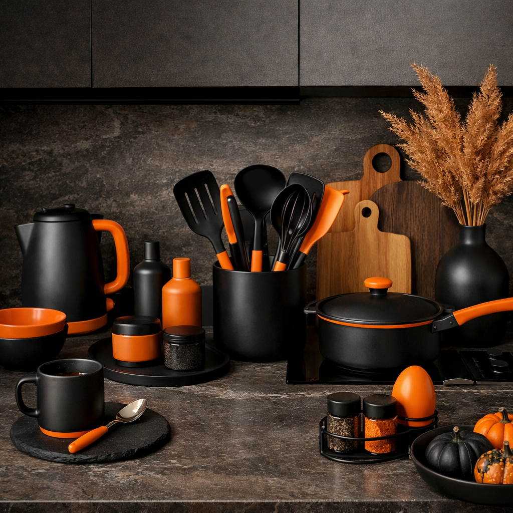 A stylish black and orange kitchen accessory arrangement featuring utensils, pots, and decorative elements.