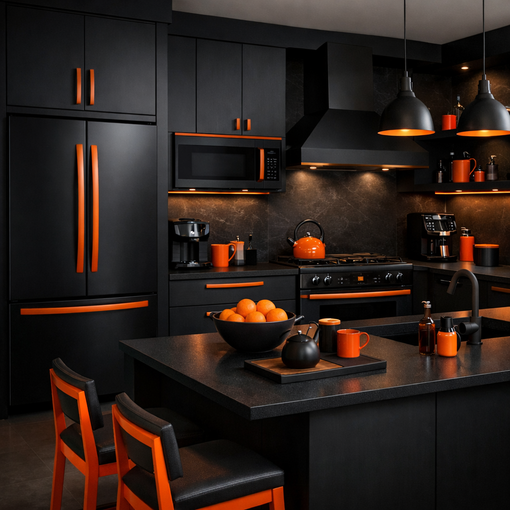 A modern kitchen featuring black appliances and vibrant orange accents.