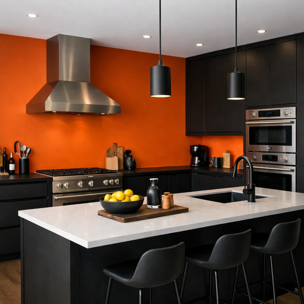 A modern kitchen featuring a bold orange accent wall paired with black cabinets.