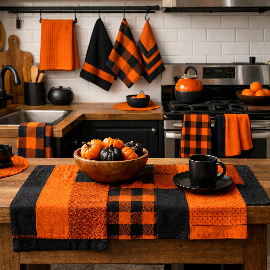 A kitchen table showcasing orange and black textiles with pumpkins as decor.