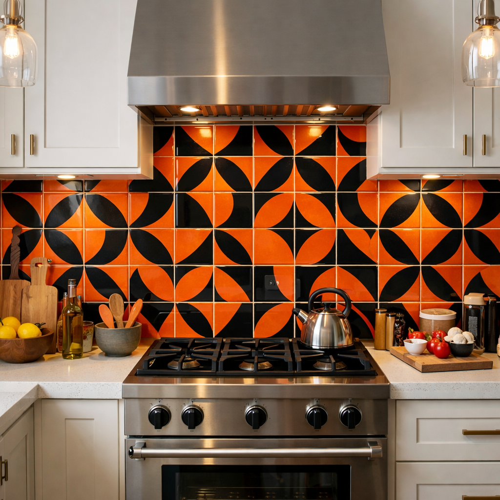 A modern kitchen featuring an orange and black tile backsplash with geometric patterns.