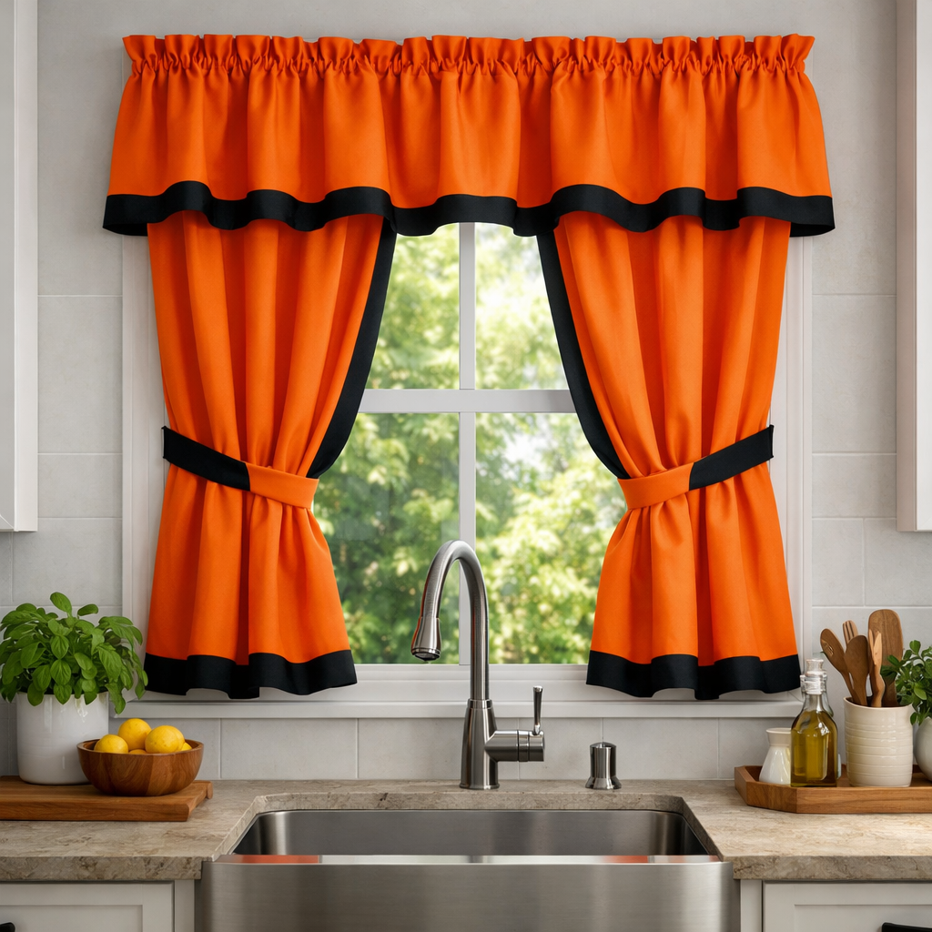 Orange curtains with black trim in a kitchen window above a sink.