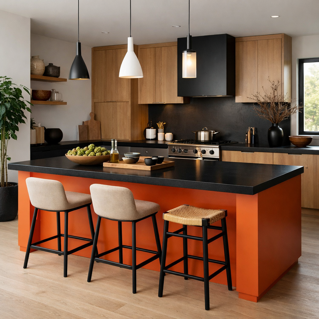 A modern kitchen featuring an orange island with a black countertop, wooden cabinets, and stylish stools.