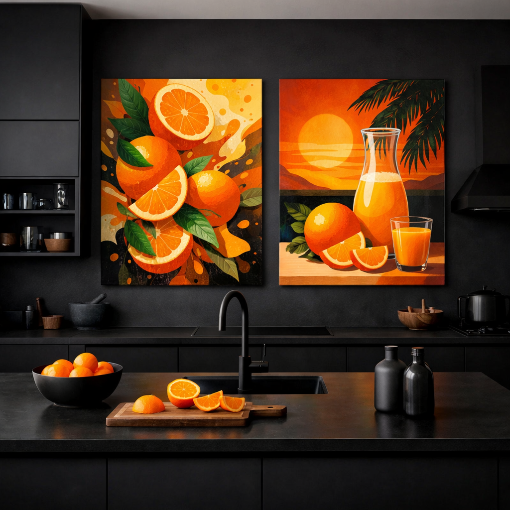Colorful orange wall art in a modern black kitchen, featuring vibrant oranges and a glass of juice