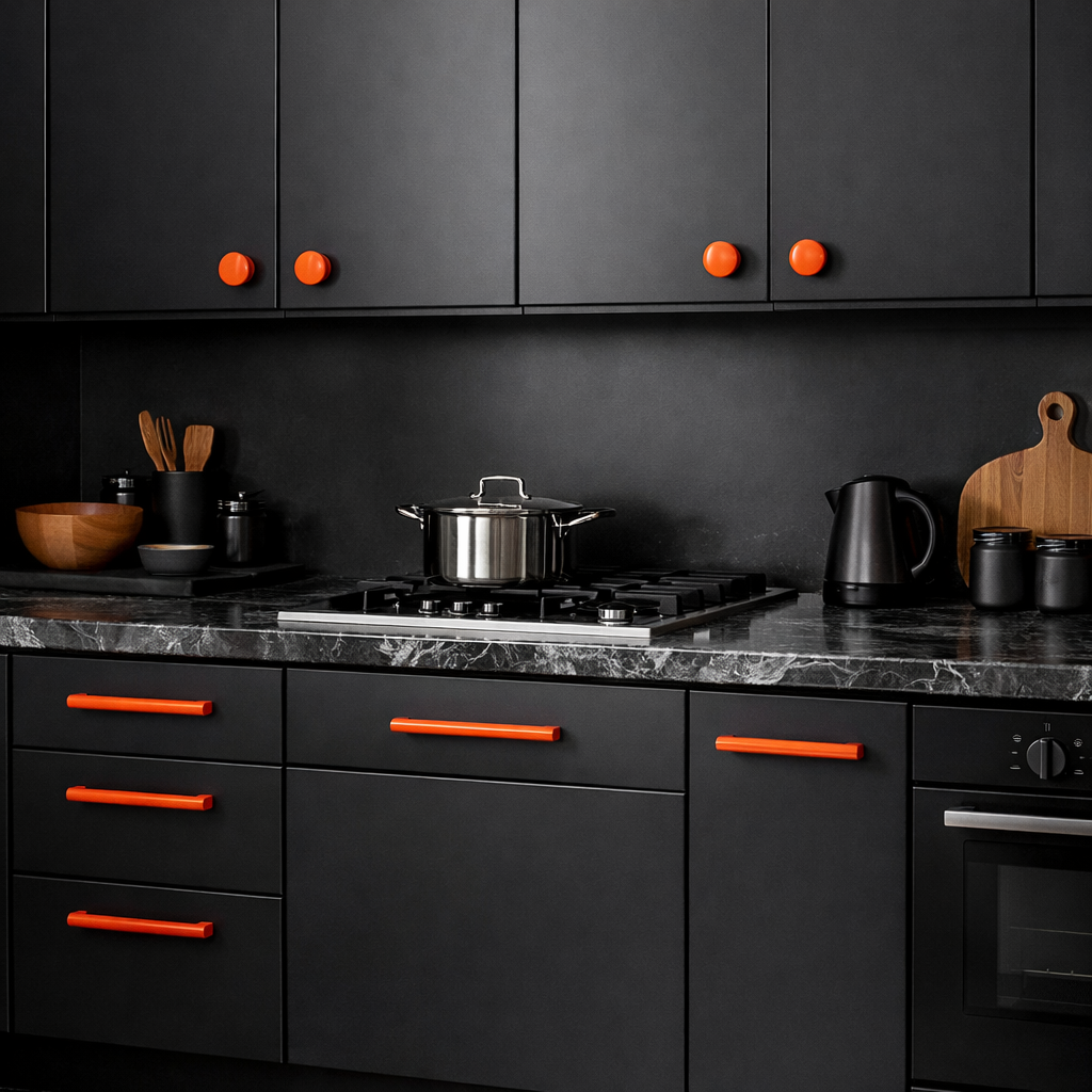 Modern kitchen featuring sleek black cabinets with bright orange hardware