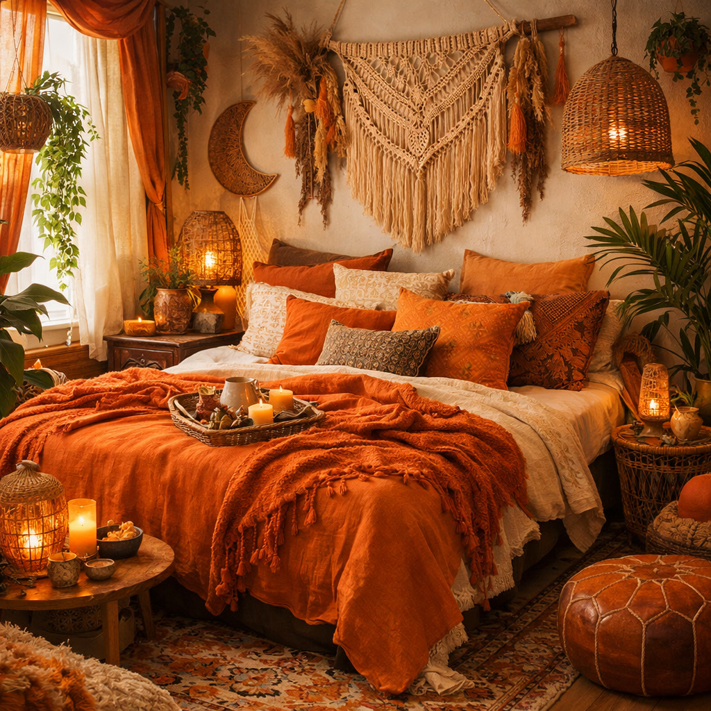 A cozy bohemian bedroom featuring warm orange tones, intricate macrame wall art, and soft lighting.