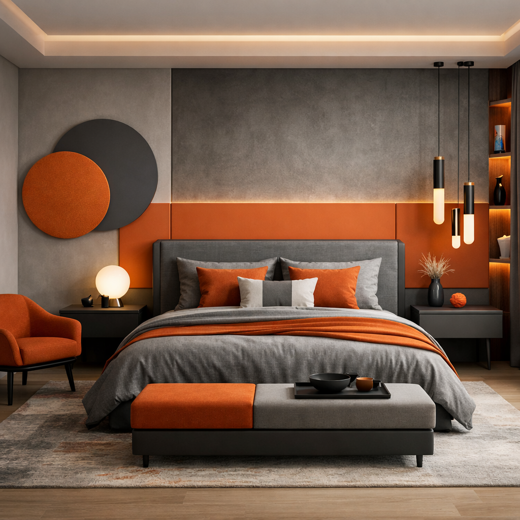 A modern bedroom featuring an orange and gray color scheme with a plush bed, armchair, and stylish lighting.