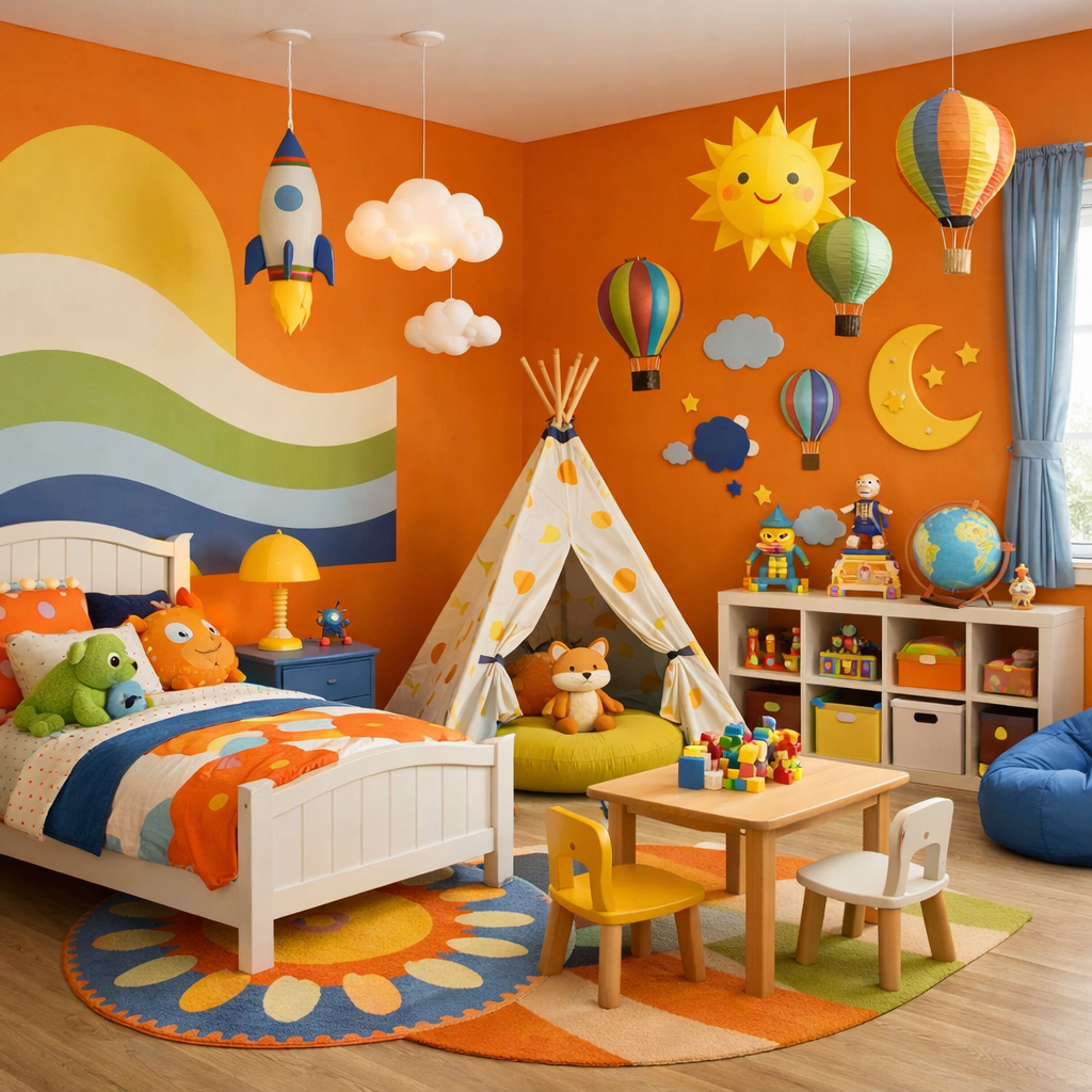 A vibrant orange kids' room with playful decor, featuring a bed, a teepee, colorful wall art, and a cozy play area.